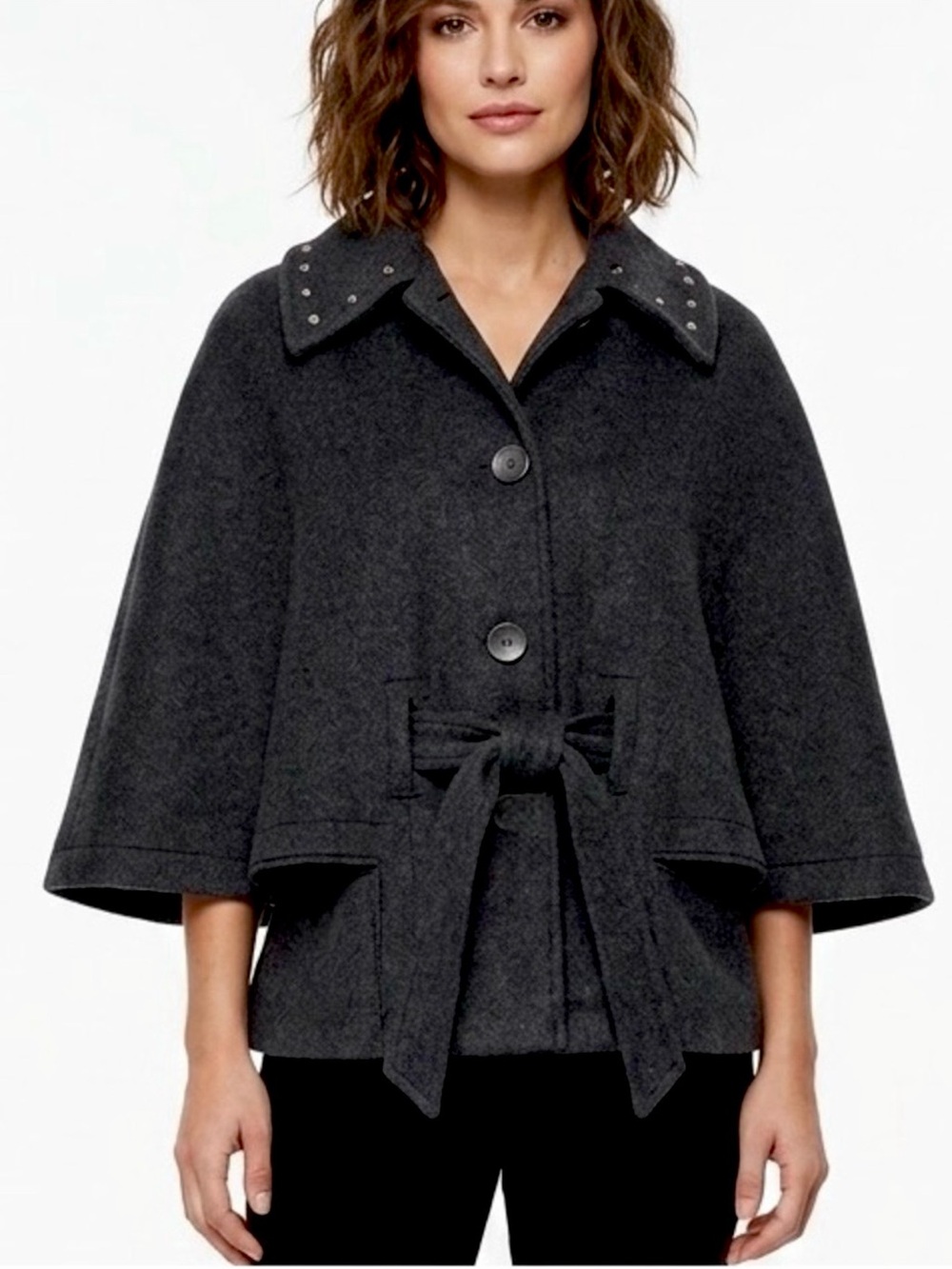 NOVELTI BY AJG Black Wool Cape Jacket Button Closure Tie Belt Stud Collar Medium